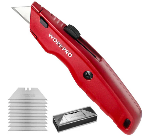 WORKPRO retractable utility knife with black all-metal body and extra blades for drywall and DIY cutting tasks